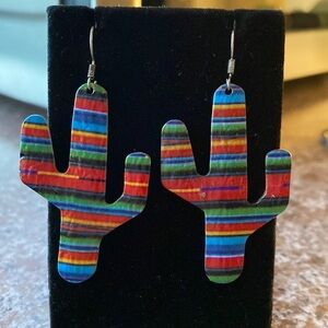 COLORFUL large painted cactus metal‎ dangle on French wire earrings